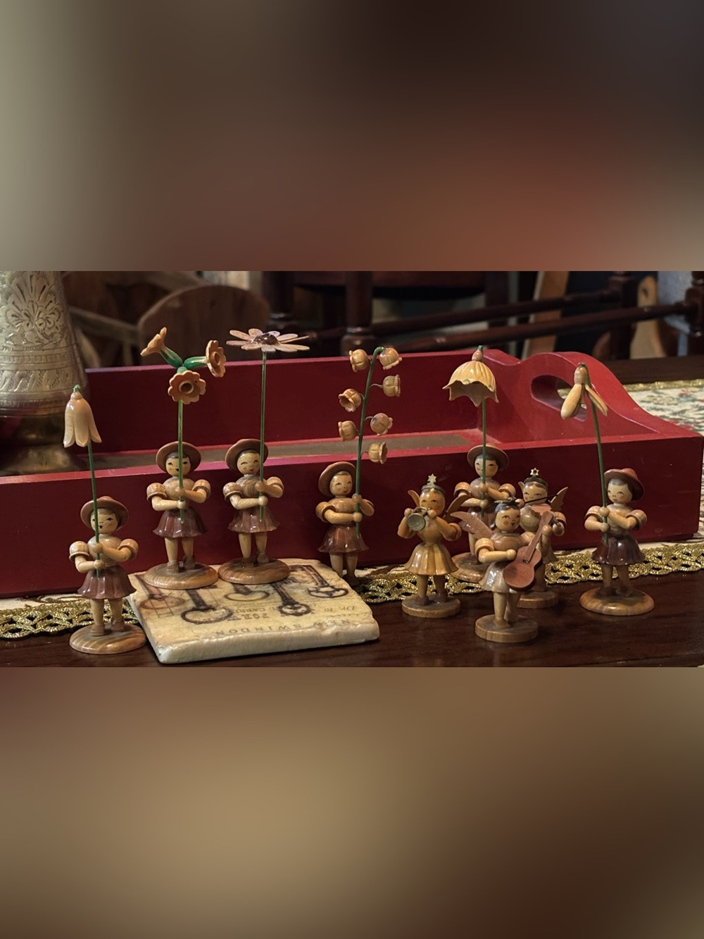 Vintage Erzgebirge Style Wooden Angel & Flower Girl Figurine Lot 9 Hand Carved